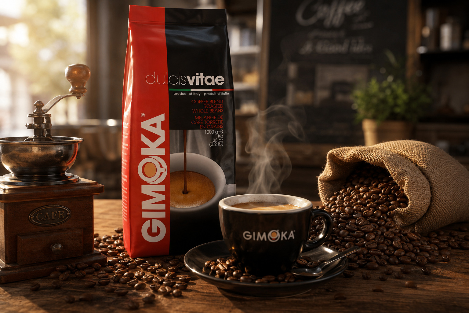 Zrnková káva coffee beans a čerstvě připravená káva v moderním evropském café stylu pro milovníky kvalitní kávy